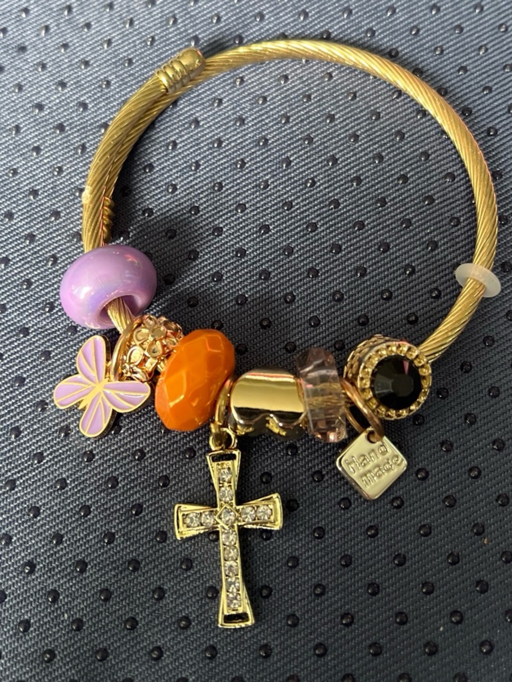 Gold-Tone Charm Bracelet with Purple and Orange Beads